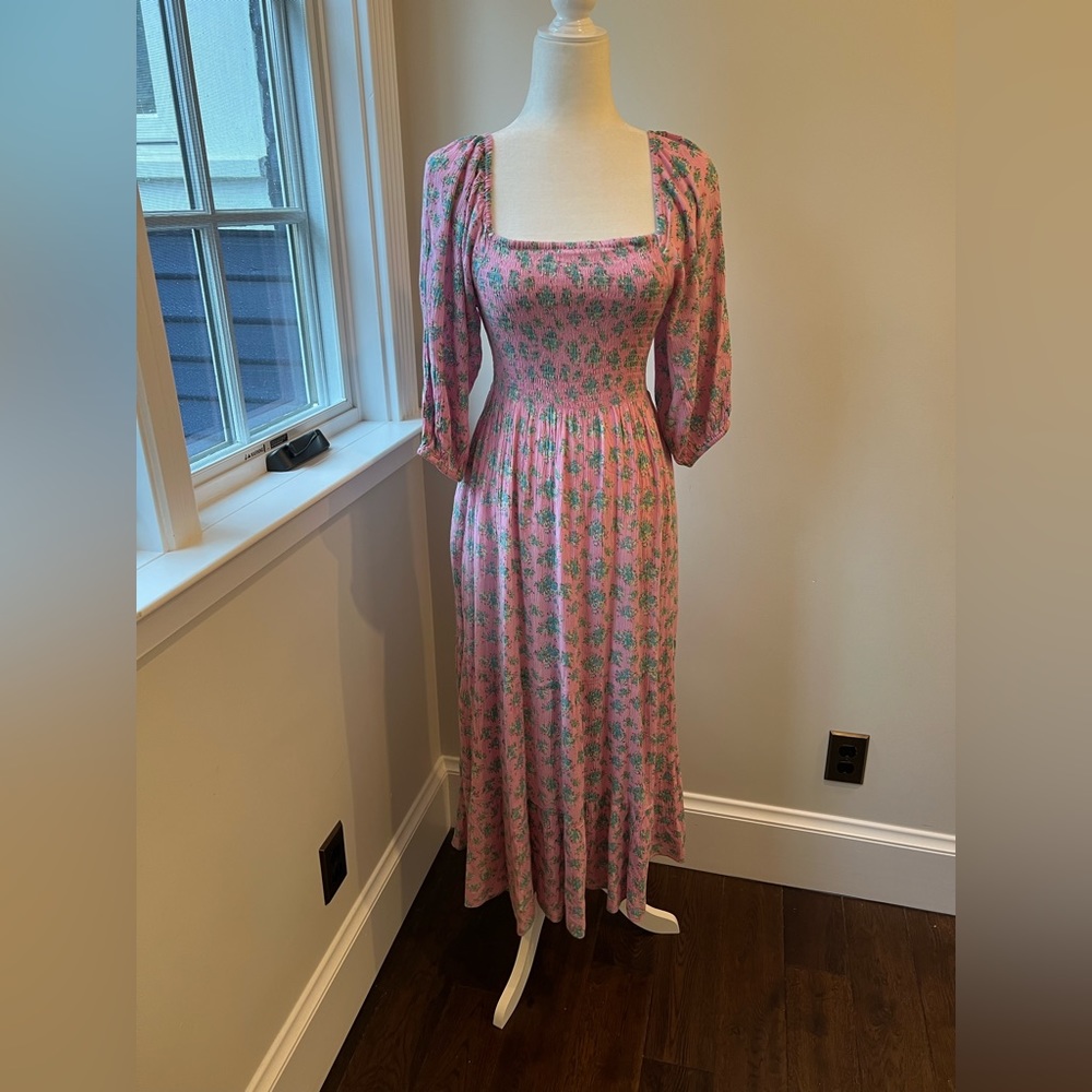 Urban outfitters pink floral peasant dress with corset back.